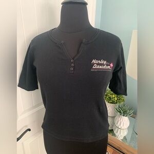 Women’s Harley Davidson Henley Top, Short Sleeve, Black, Moto Biker, Size Large